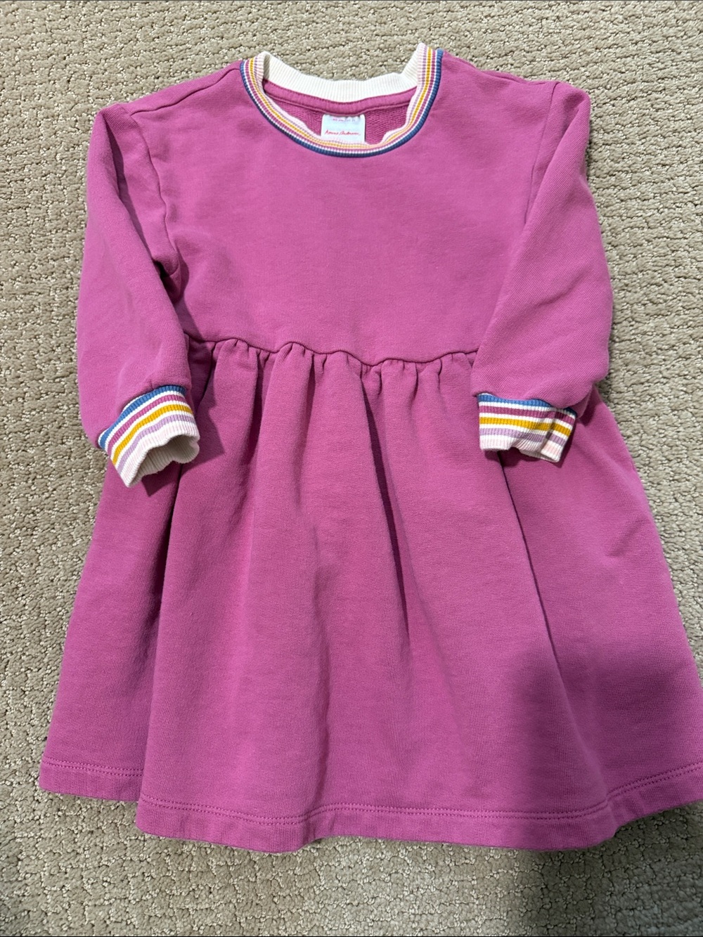 Mini Boden Pink Long-Sleeve Sweatshirt Dress with Rainbow Trim